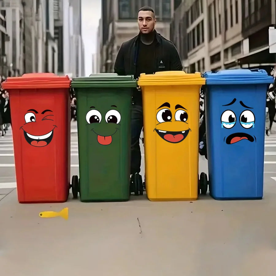 4 Pcs/Set Cartoon Face Bin Stickers Self-Adhesive Home Decor For Trash Can Wall Toilet Decor Refrigerator Fun Themed Decor